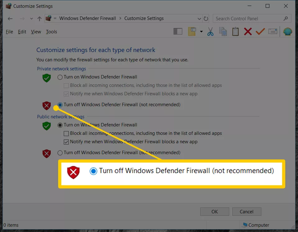 Bạn chọn Turn off Windows Defender Firewall (not recommended)